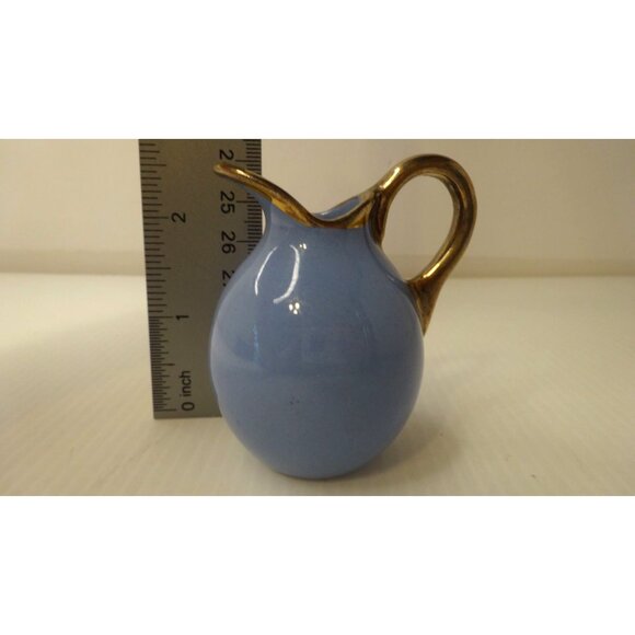Miniature Blue Pitcher with Gold Rim and Handle Small Vase 2" x 2.5" - Picture 6 of 7